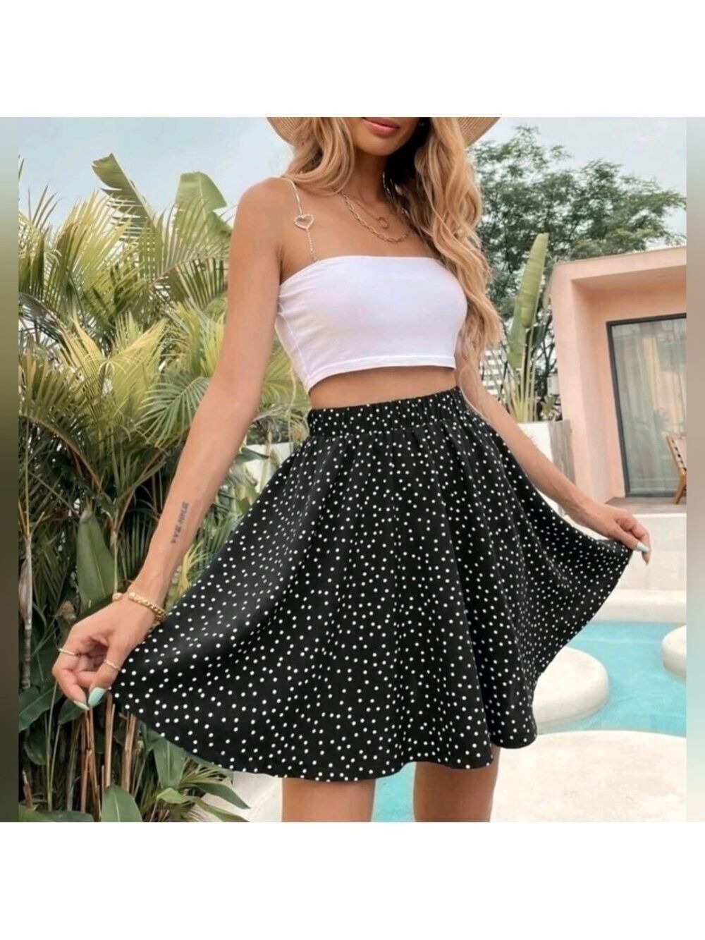 SHEIN Polka Dot Elastic Waist Black Skirt Large - New Without Tags